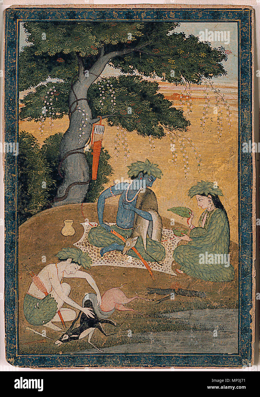 . Englisch: Serie Titel: Rama's Reise Suite Name: Ramayana Erstellungsdatum: Ca. 1790 Schaffung Ort/Betrifft: Indien State-Province: Himachal Pradesh Gericht: Kangra Schule: Pahari Media & Support: Undurchsichtig Aquarell und Gold auf Papier Anzeige Abmessungen: 7 15/16 in. x 5 13/32 in. (20,2 cm x 13,7 cm) Kreditlinie: Edwin Binney 3 Sammlung Beitritt Artikelnummer: 1990.1280 Sammlung: <a href='Http://www.sdmart.org/art/our-collection/asian-art' rel='nofollow'> Die San Diego Museum der Kunst</a> Label kopieren: VISIONEN DER GROSSEN GÖTTIN September 2004 Im Epos Ramayana, (500-300 v. Chr.), der König Rama, ein Avatar o Stockfoto