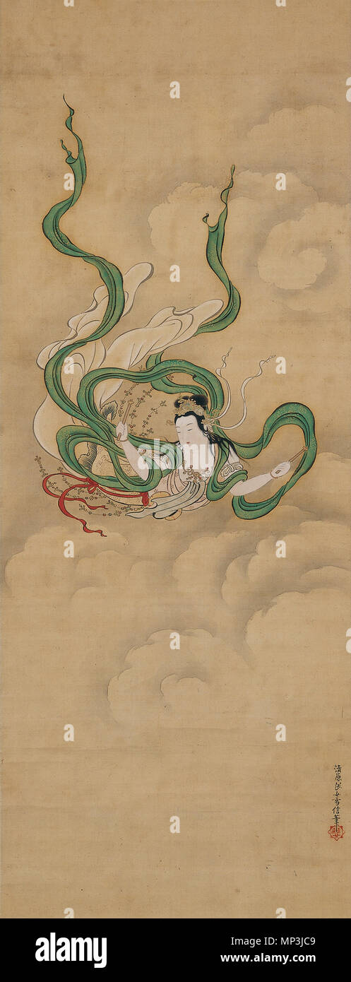 Yukinobu Kiyohara, Japanisch, 1643 - 1682; fliegende Himmelskörper (apsaras); Zweite Hälfte 17. Jahrhundert; Hängerolle, Tusche, Farbe und Gold auf Seide; 45 7/8 x 17 5/8 in. (116.52 x 44.77 cm) (Bild) 77 5/16 x 22 1/4 in. (196.37 x 56.52 cm) (Montage, ohne Rolle); Minneapolis Institut der Kunst; Mary Griggs Burke Sammlung, Geschenk der Maria und Jackson Burke Stiftung; L 2015.33 .70 KiyoharaYukinobu FlyingCelestial MIA L 20153370 767 KiyoharaYukinobu FlyingCelestial MIA L 20153370 Stockfoto