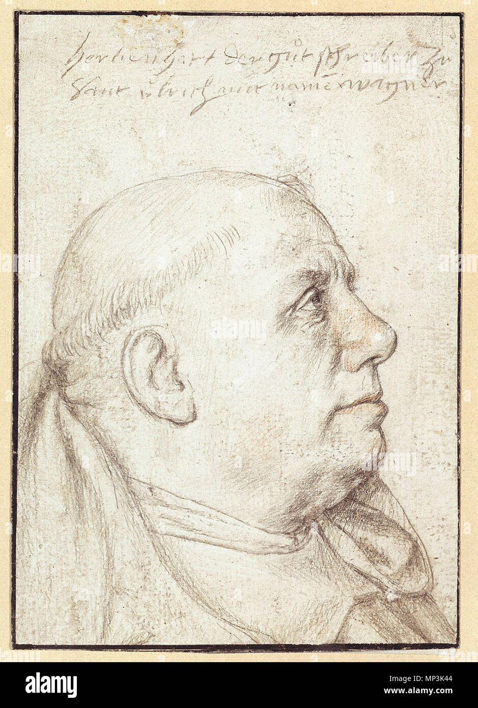 . Hans Holbein d.Ä. (Zeichner) um 1465 - 1524" Leonhard Wagner, Profil nach rechts' - Kupferstichkabinett, Staatliche Museen zu Berlin, Zeichnung/Silberstift, mit Rötel überarbeitet, grundiertem Papier. Vor 1525. Hans Holbein der Ältere (1465-1524), deutscher Maler Geburtsdatum / Tod ca. 1465 1524 Ort der Geburt / Tod Augsburg Isenheimer Arbeit Standort Augsburg Authority control: Q 49987 VIAF: 14919325 ISNI: 0000 0001 2121 7098 ULAN: 500001791 88079337 LCCN: n NLA: 36208678 WorldCat 804 Leonhard wagner Profil / dsub Hans Holbein d ae Beschreibung Stockfoto