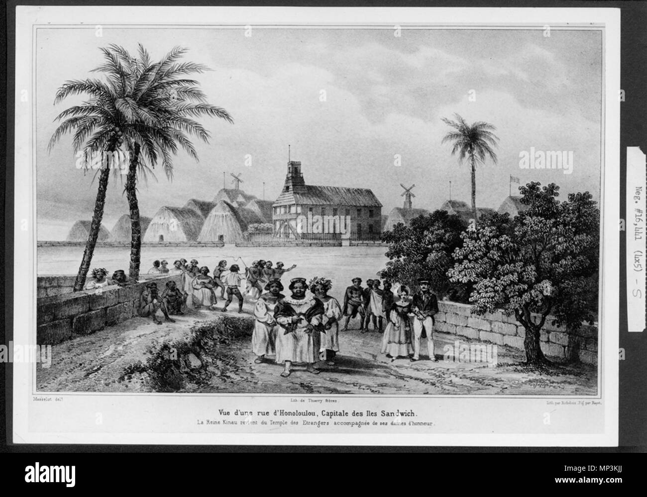 . Englisch: Vue d'une rue d'Honoloulou, Capitale des Iles Sandwich. La Reine Kinau revient du Temple Des Etrangers accompagnee de ses Dames d'Honneur. (21,5 x 29,8 cm). Ein wunderbares Bild von Hawaii von der französischen Künstlerin Masselot von der Reise der Venus während 1836-39, Lithographiert von Bichebois und von Thierry Brüder veröffentlicht. 1837. Louis-Jules Masselot (1815-1879) 765 Kinau Rückkehr aus Kirche (PP -98-2-007) Stockfoto