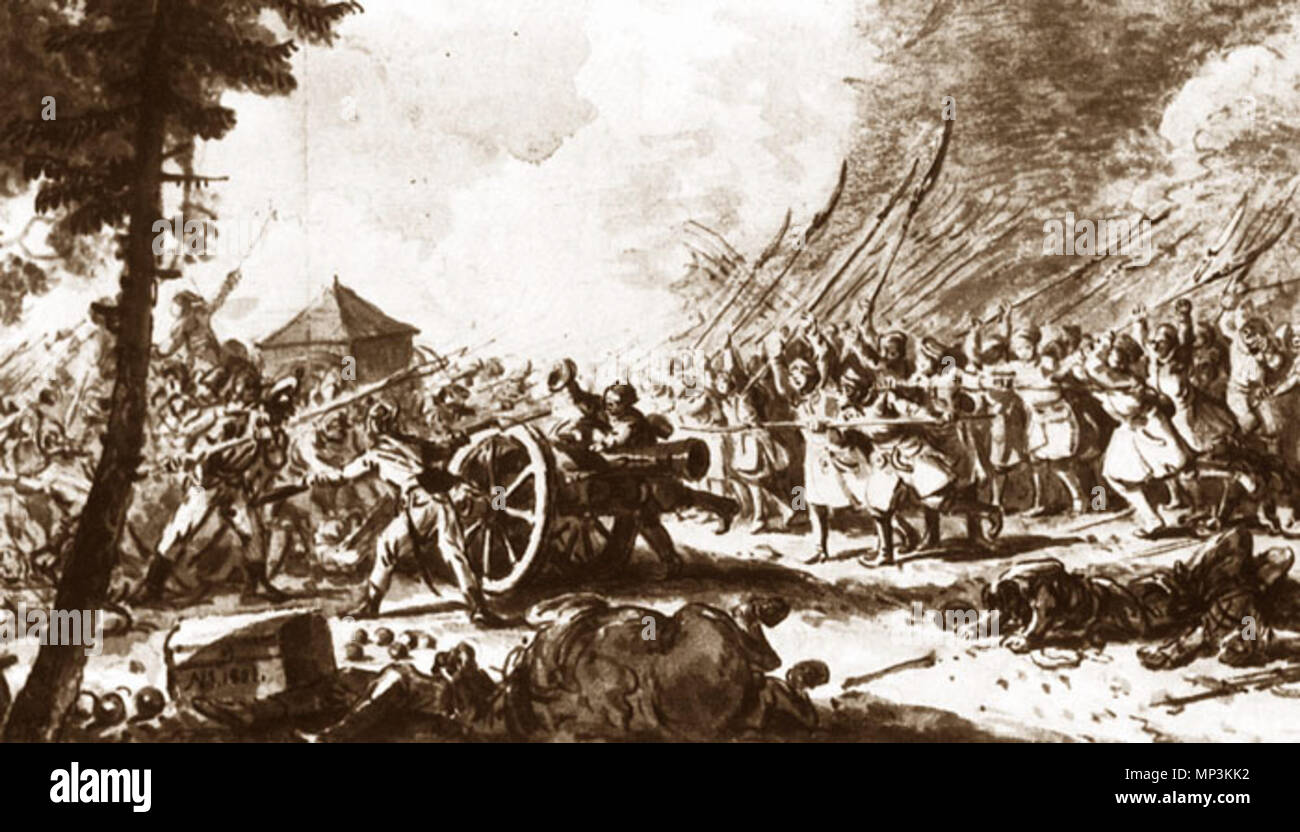 . Polski: Bitwa pod Racławicami 4.04.1794 r-Abbildung ołówkiem ich piórkiem lawowany na papierze English : Grafik von Jan Piotr Norblin - Schlacht von racławice am 4. April 1794. 1804. Jan Piotr Norblin de la Gourdaine (1745-1830) 933 Norblin Schlacht von Raclawice 4. April 1794 Stockfoto