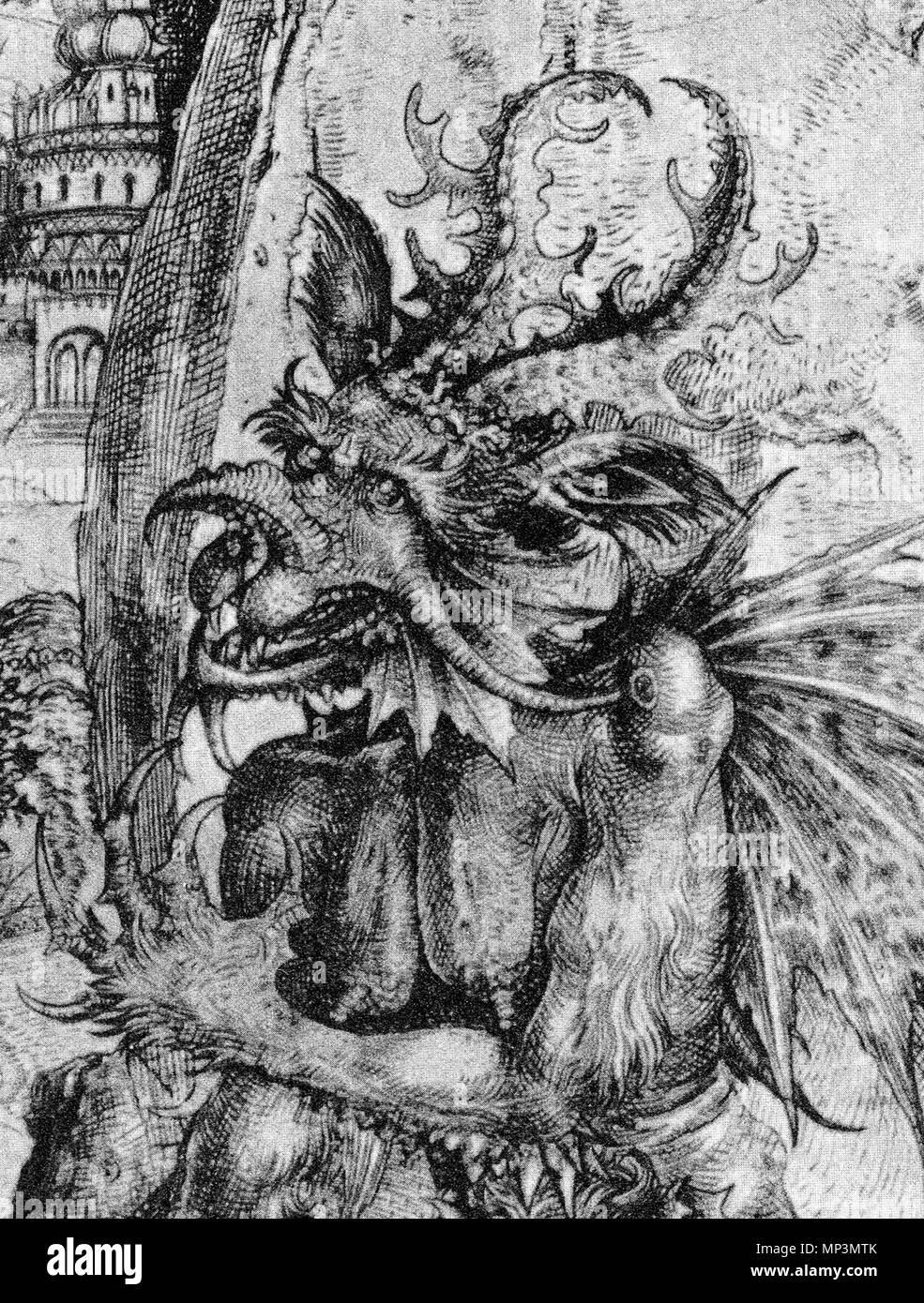 . Detail der Satan von der Versuchung Christi, Ca. 1500. Kupferstich, 22,6 x 16,9 cm. C. 1500. ca. 1500. Master L. in der Cz. (Anonym deutscher Graveur) 1096 Satan detail LCZ Stockfoto