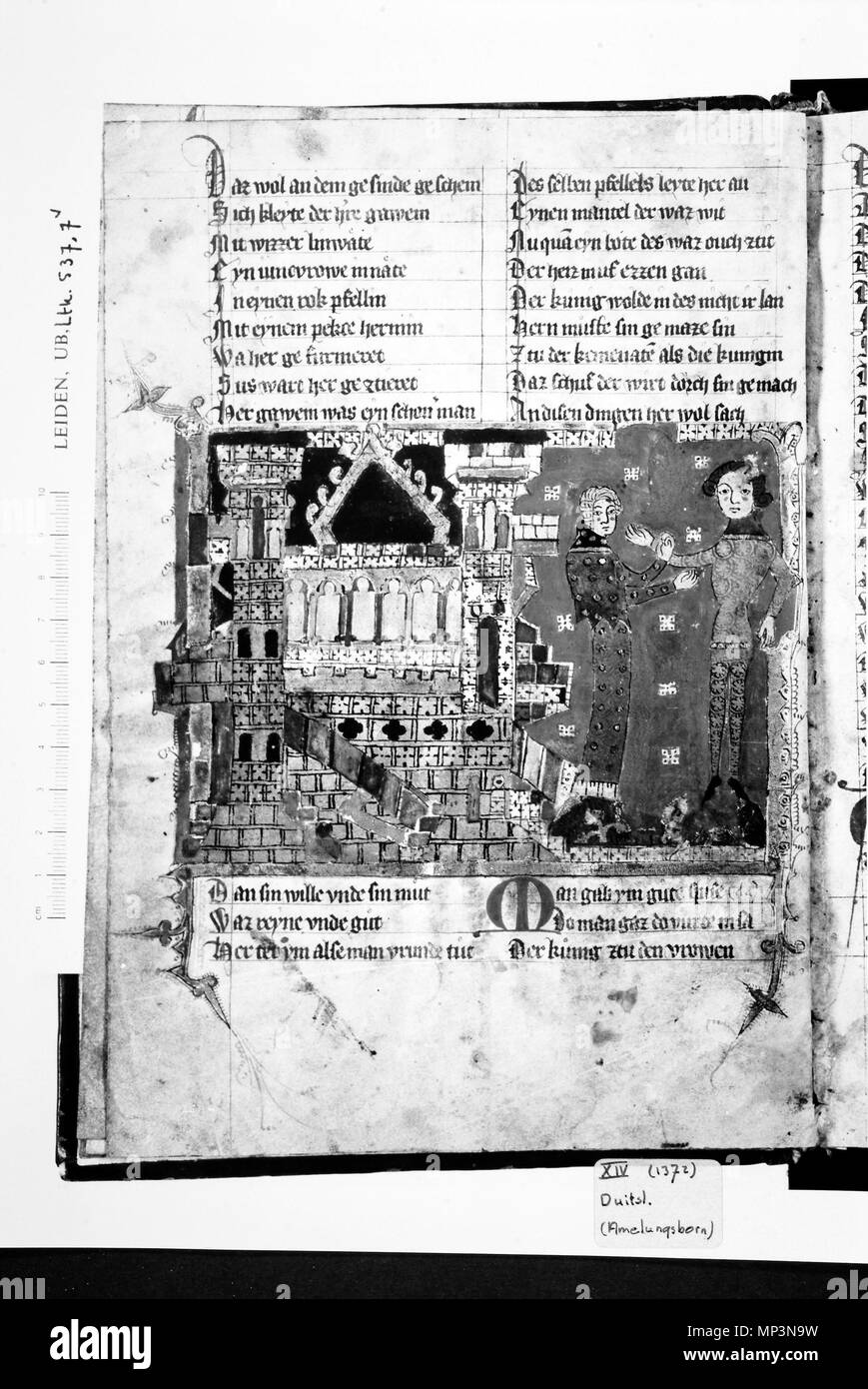 . English: wigalois (zwischen 1210 und 1220) des wirnt von Grafenberg, ein artusroman. Auszug aus der Handschrift B (Leiden, 1337), gescannt von der Universität Leiden Bibliothek Englisch: von wigalois Wirnt von Grafenberg; Handschrift von 1337 an der Universität Leiden Bibliothek gescannt. 1337. Wirnt von Grafenberg 1258 Wigalois-Leiden-f007 v-sw Stockfoto