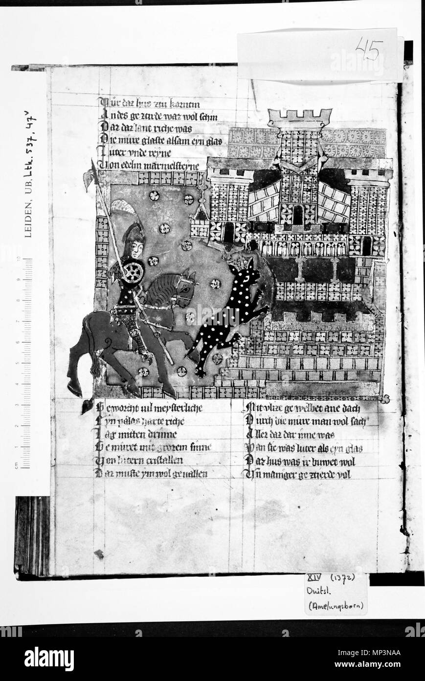 . English: wigalois (zwischen 1210 und 1220) des wirnt von Grafenberg, ein artusroman. Auszug aus der Handschrift B (Leiden, 1337), gescannt von der Universität Leiden Bibliothek Englisch: von wigalois Wirnt von Grafenberg; Handschrift von 1337 an der Universität Leiden Bibliothek gescannt. 1337. Wirnt von Grafenberg 1258 Wigalois-Leiden-f047 v-sw Stockfoto