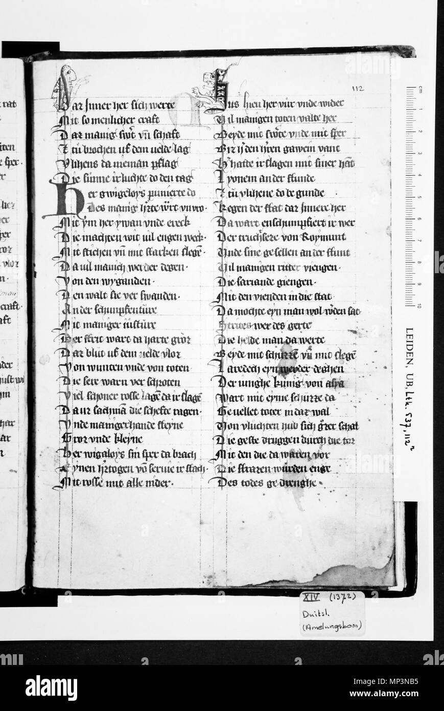 . English: wigalois (zwischen 1210 und 1220) des wirnt von Grafenberg, ein artusroman. Auszug aus der Handschrift B (Leiden, 1337), gescannt von der Universität Leiden Bibliothek Englisch: von wigalois Wirnt von Grafenberg; Handschrift von 1337 an der Universität Leiden Bibliothek gescannt. 1337. Wirnt von Grafenberg 1258 Wigalois-Leiden-f112r-sw Stockfoto