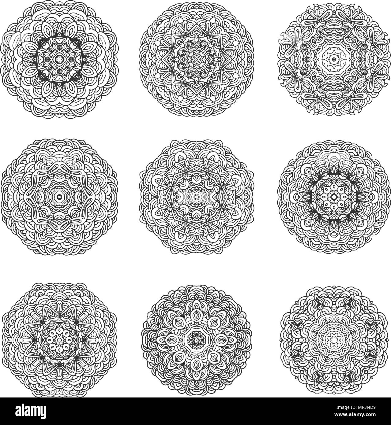 Set aus 9 Hand gezeichnet Mandala arabisch Vorlage. Orient Motiv gut für Design Cards, wallpapper, Broschüren etc. Stock Vektor