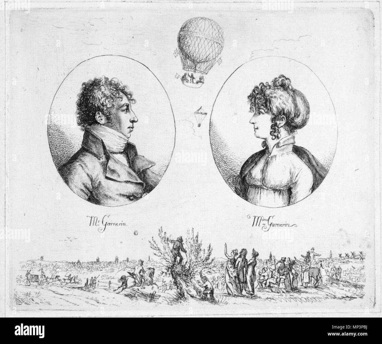 Monsieur und Madame Garnerin. Deutsch: Monsieur und Madame Jeanne Geneviève André-Jacques Garnerin radierung 13,1 x 13 cm (Platte) hergestellt in Deutschland. ca. 1803. Christoph Haller von Hallerstein, (1771-1839) 903 Monsieur und Madame Garnerin, von Christoph Haller von Hallerstein, (1771 - 1839) Stockfoto
