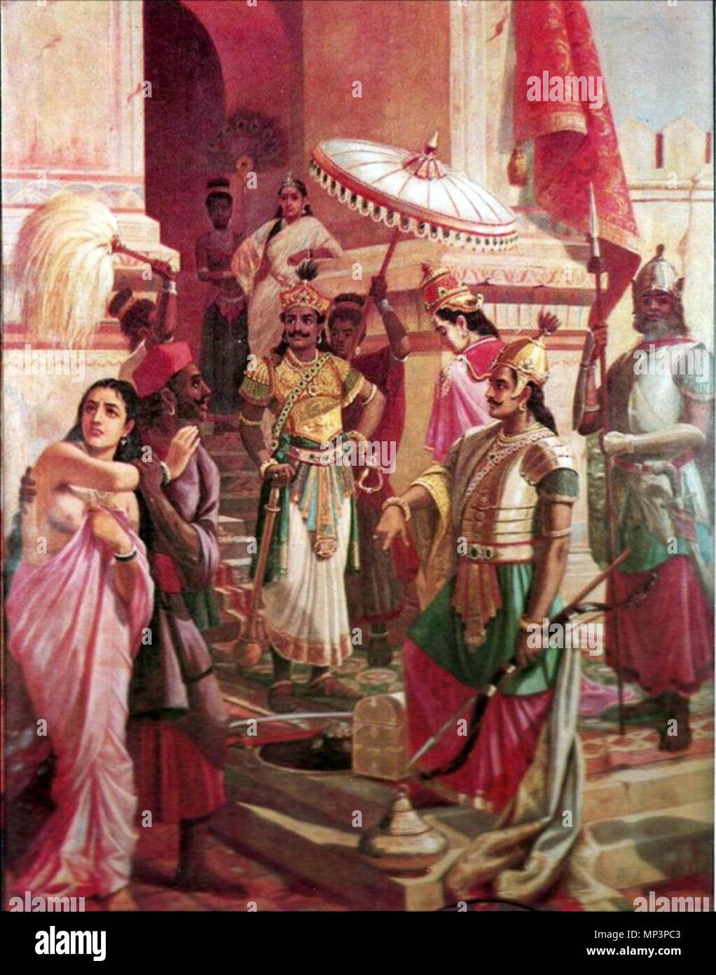 Englisch: Sieg der Meghanada മലയാളം: മേഘനാദവിജയം. Englisch: Meghanath oder Indrajit, nach seinem Sieg über Indra, präsentiert Sachi Devi Ravana. മലയാളം: മേഘനാദൻ ഇന്ദ്രവിജയത്തിനു ശേഷം സചീദേവിയെ രാവണനു സമർപ്പിക്കുന്നു. . 1905. 1233 Sieg der Meghanada von RRV Stockfoto Englisch: Sieg der Meghanada മലയാളം: മേഘനാദവിജയം. Englisch: Meghanath oder Indrajit, nach seinem Sieg über Indra, präsentiert Sachi Devi Ravana. മലയാളം: മേഘനാദൻ ഇന്ദ്രവിജയത്തിനു ശേഷം സചീദേവിയെ രാവണനു സമർപ്പിക്കുന്നു. . 1905. 1233 Sieg der Meghanada von RRV Stockfoto