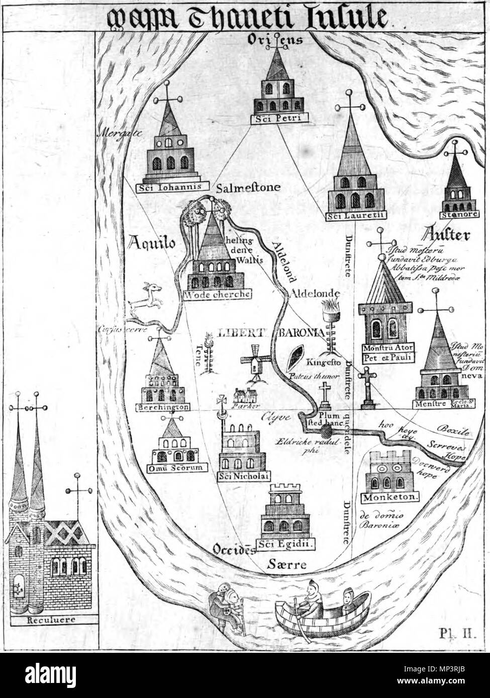 . Deutsch: Karte der Isle of Thanet im frühen 15. Jahrhundert, basierend auf einer Karte in Thomas elmham's Historia Monasterii S Augustini Cantuariensis; für eine fotografische Reproduktion der ursprünglichen Karte, siehe Rollason, D.W. (1982), der Mildrith Legende eine Studie in der Frühen mittelalterlichen Hagiographie in England, S. 10. 1773. Lewis, John 853 Mappa Thaneti Insule Stockfoto