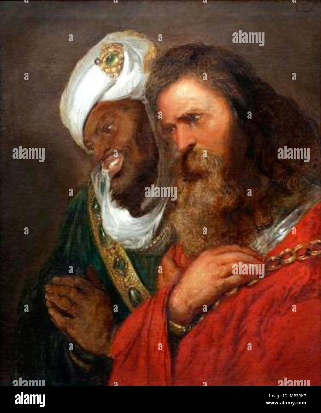 Englisch: Saladin und Guy de Lusignan Nederlands: Saladin en Guy de Lusignan. Dieses Meisterwerk zeigt zwei der wichtigsten Männer in der kreuzfahrer Ära nach ein entscheidender Moment in der Schlacht. König Kerl von Lusignan wurde dargestellt mit Christian royal rot cloathing und König Saladin hat dargestellt worden mit Royal islamischen Grün cloathing. König Lusignan ist unverlierbar in goldenen Ketten gehalten, während seine Rüstung unter seinen cloathing tragen. König Saladin hat dargestellt worden mit prächtigen Goldenen Insignien und gleichzeitig einen religiösen Form mit seinen Händen. Das Gemälde zeigt uns, wie die westliche Welt Gedanken von Stockfoto