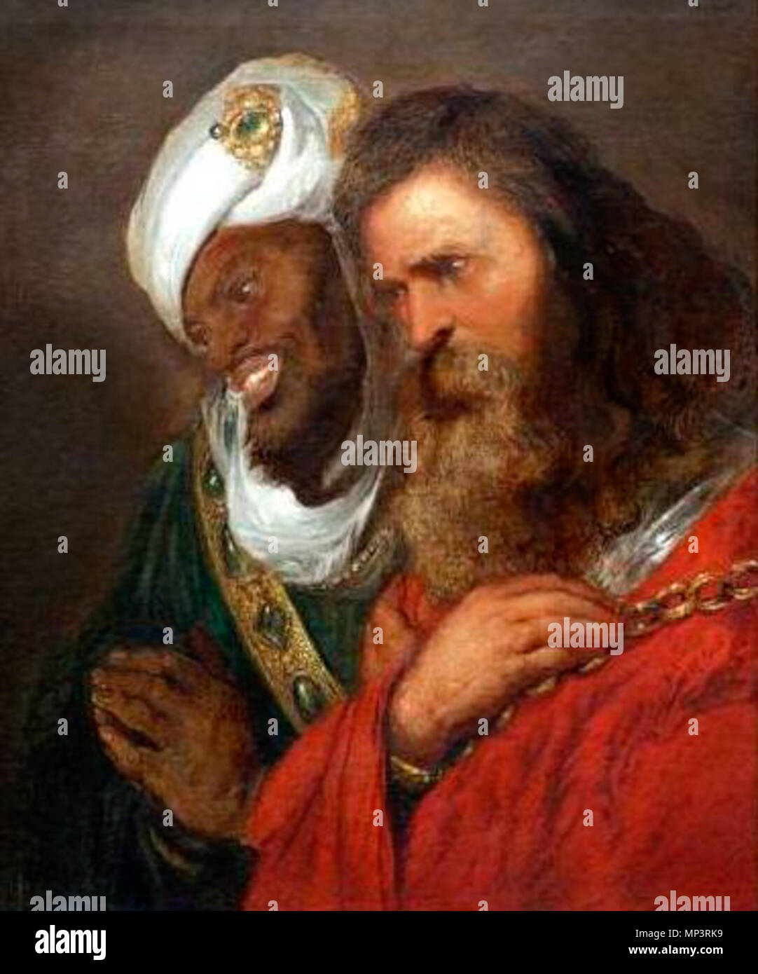 Englisch: Saladin und Guy de Lusignan Nederlands: Saladin en Guy de Lusignan. Oben finden Sie eine der außergewöhnlichsten Beispiele der frühen siebzehnten Jahrhundert erstklassige Kunst von Jan Lievens gemalt es zeigt eine der zwei wichtigsten Männer in der kreuzfahrer Ära nach ein entscheidender Moment in der Schlacht. Sie können finden König Kerl von Lusignan nach rechts und finden Sie König Saladin auf der linken Seite. Sie schildert eine Traurigkeit und Herrlichkeit. Trauer für die niederländischen Maler durch die Augen des Königs Lusignan. Respekt und Ehre in der Darstellung von König Saladin durch seine prächtigen Goldenen Insignien und seine islamische Royal gr Stockfoto