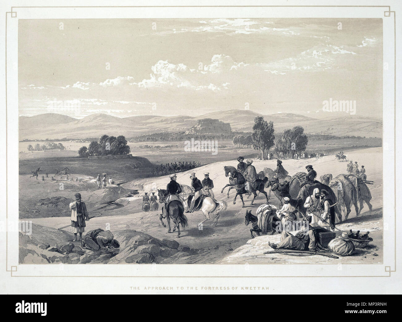 . Deutsch: "Der Ansatz für die Festung von Kwettah' erste Anglo-Afghan Krieg, Quetta, in Belutschistan, Pakistan. به فارسی: "نزدیک‌شدن قلعهٔ کوته" جنگ اول آنگل‌ها ، و افغان‌ها در شهر کوته بلوچستان پاکستان. . 1842. 1036 Quetta vor 1800. Stockfoto