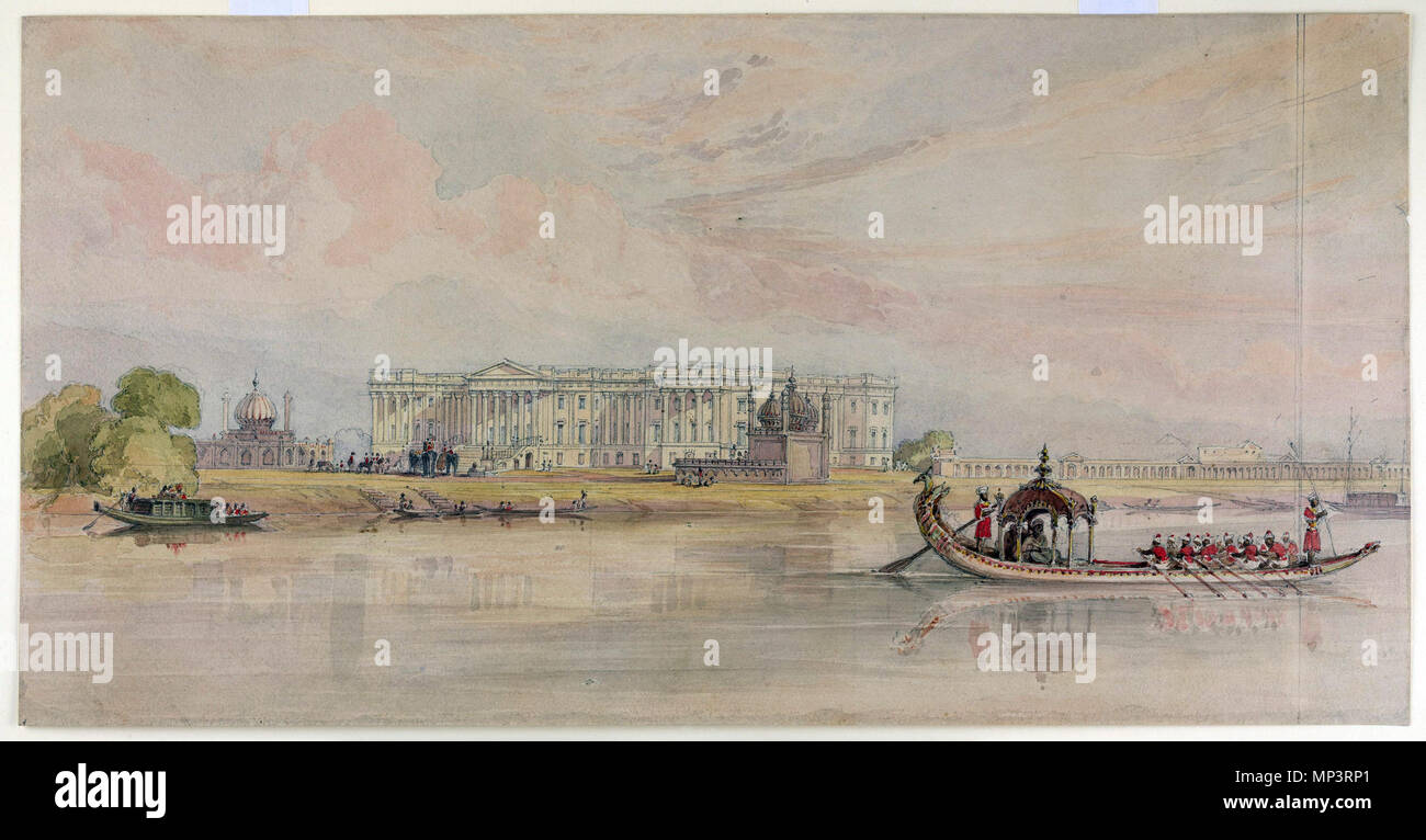 . Deutsch: Das Nizaamat Qila (Strafgerichtshof) des Nawab von Bengalen entlang den Ufern des Hooghly River. 1840. 930 NizaamatQilaMurshidabadPrinsep 1840 Stockfoto
