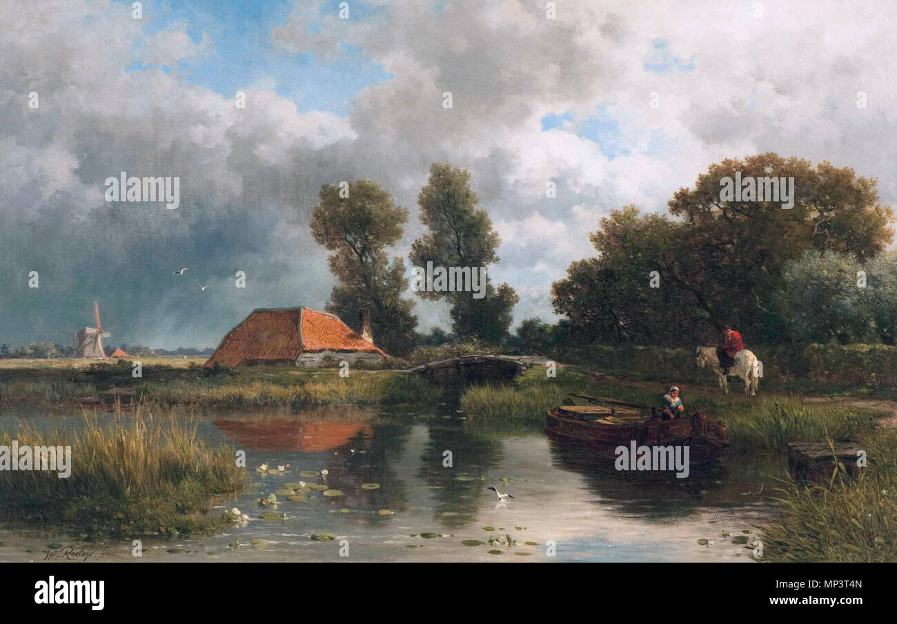 Das Binden bis das Boot in der Nähe der Farm * Öl auf Leinwand * 44,3 x 70 cm * b: W. Roeloefs fc. Englisch: Binden Sie das Boot in der Nähe der Farm Öl auf Leinwand 44,3 x 70 cm b. l unterzeichnet.: W. Roeloefs fc. 19. 1210 Binden bis das Boot in der Nähe der Farm, von Willem Roelofs Stockfoto