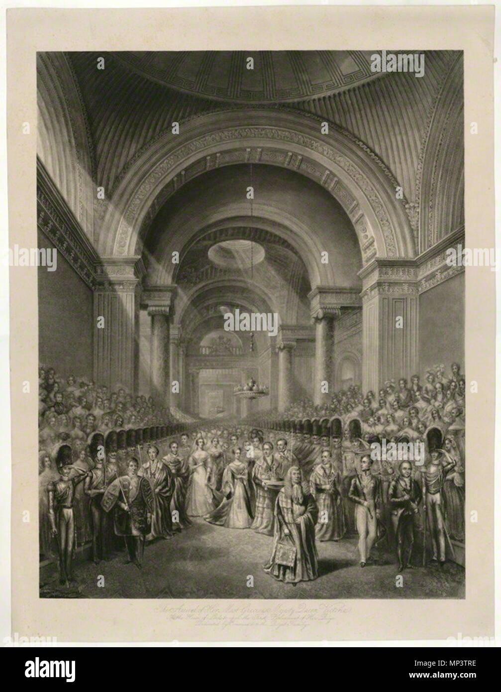 Von George Baxter, Aquatinta, 1837 oder nach Englisch: Queen Victoria ihr erstes Parlament öffnen aus dem Jahr 1837. 1035 Queen Victoria ihr erstes Parlament öffnen von George Baxter Stockfoto