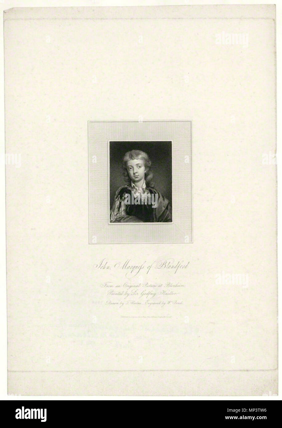 Von William Bond, nach Thomas Uwins, nach Sir Godfrey Kneller, Bt, Walze Gravur, 1817 (circa 1695 veröffentlicht). Portrait von John Churchill, Marquis von Blandford (1686-1703) veröffentlichte 1817 (ca. 1695). 731 John Churchill, Marquis von Blandford von William Bond, nach Thomas Uwins, nach Sir Godfrey Kneller, Bt Stockfoto
