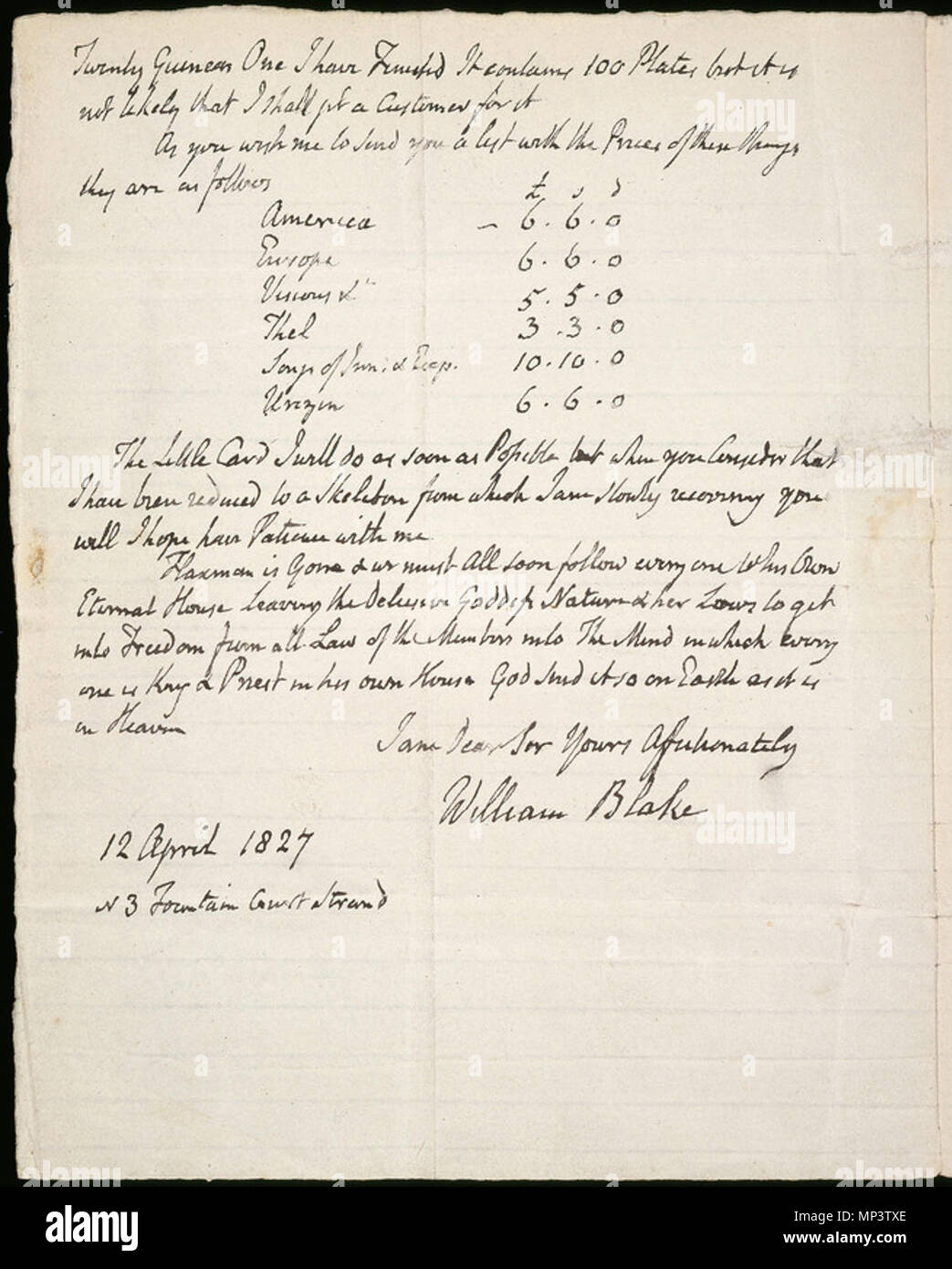 . Englisch: Brief an George Cumberland, 12. April 1827, Objekt 3 Cont. 10 Februar 2005, 08:53:14. William Blake (1757 - 1827) Alternative Namen W. Blake; Uil" iam Bleik Beschreibung britische Maler, Dichter, Schriftsteller, Theologe, Sammler und Graveur Geburtsdatum / Tod 28. November 1757 12. August 1827 Ort der Geburt / Todes Broadwick Street Charing Cross Standort London Authority control: Q 41513 VIAF: 54144439 ISNI: 0000 0001 2096 135 X ULAN: 500012489 78095331 LCCN: n NLA: 35019221 WorldCat der William Blake Archiv digitale Sammlung auf Servern an UNC gehostet Stockfoto