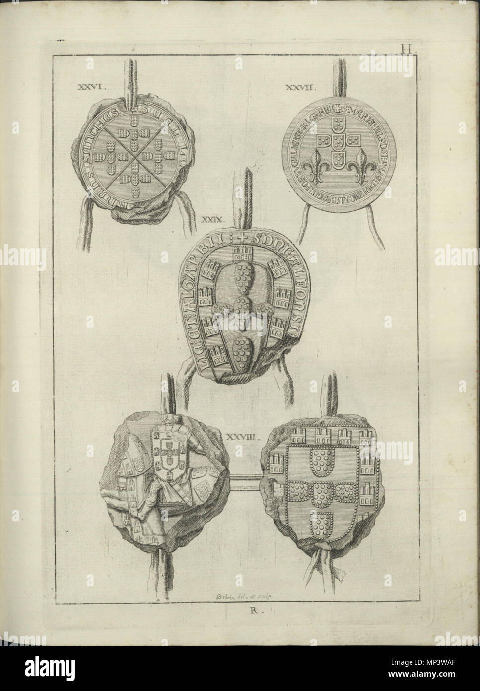 . Englisch: Dichtungen von Portugal, Illustration von Antonio Caetano de Sousa, História genealogica da Casa Real Portugueza, t. IV, Lissabon, 1738 XXVI - Dichtung der Fernam Sanches, Sohn des König Dinis, 3. November 1327 XXVII - Dichtung von Maria Afonso, der Tochter des König Dinis, 3. April 1319 XXVIII - Equestrian Dichtung des Königs Afonso IV, Kopie der Dichtung der Behörde des König Dinis, N.D. XXIX - Dichtung des gleichen Königs, 25. Juni 1342. 1738. Antonio Caetano de Sousa (1674-1759) 1107 Dichtungen des königlichen Hauses von Portugal 06. Stockfoto