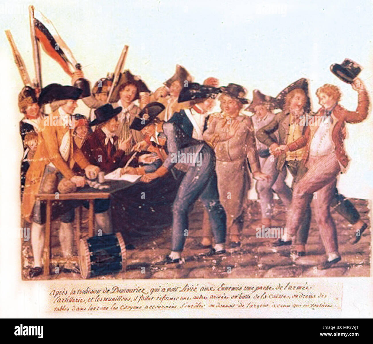 Die levée en masse, 12. August 1793. Dieses Bild stellt die patriotische Antwort auf das Dekret die Forderung der National Convention für eine massive Mobilisierung der Nation die Revolution von Niederlage zu durch die alliierten Streitkräfte von Österreich, Preußen und Großbritannien. Die Szenen zeigen einige 'sans Culottes' von Paris (arbeiten Menschen, die keine aristokratische Verstöße tragen), patriotisch, in der Armee zu gewinnen. Einmal in Uniform der Armee der Republik, zwei Soldaten und Bürger März aus der Schlacht Front im Osten von Frankreich. Ein Jahr früher, ein sehr ähnliches Moment der ausländische Invasion und Gefahr led Stockfoto