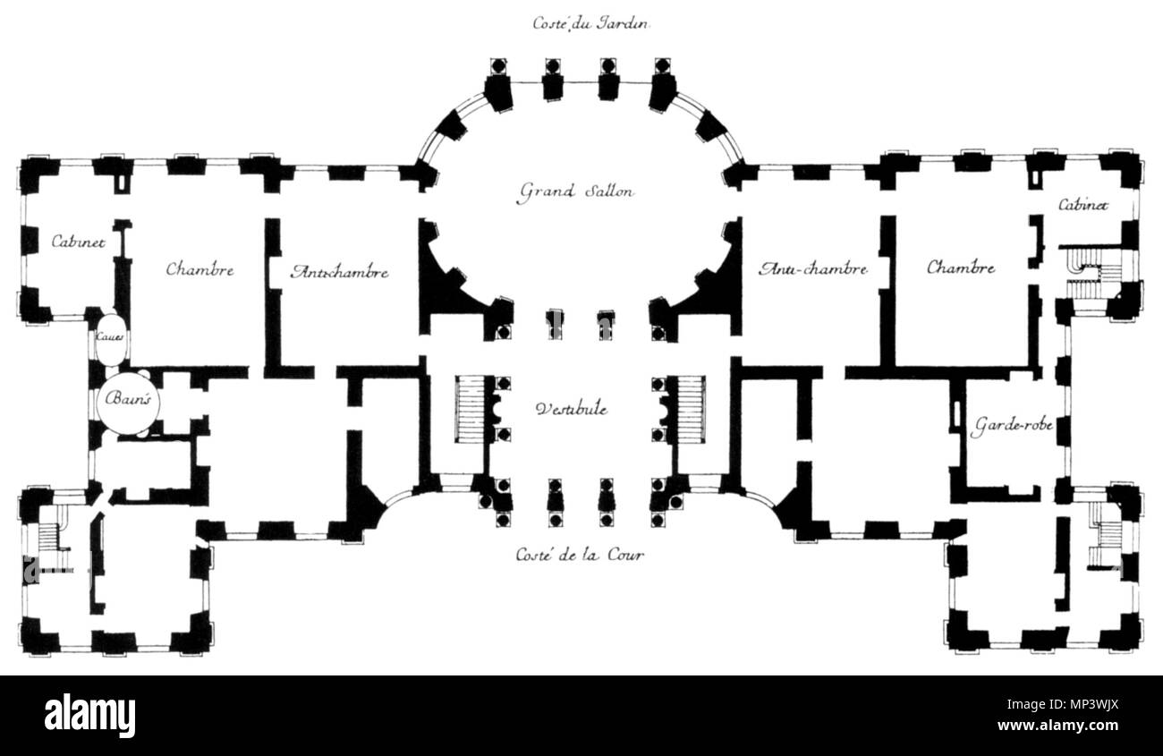 Plan de Vaux-le-Vicomte conduit par le Sr le Veau Architecte du Roy. Englisch: Plan des Erdgeschosses des Château de Vaux-le-Vicomte, vom Grand Marot. ca. 1660. 1009 Plan von Vaux-le-Vicomte - Harris 2005 p 249 Stockfoto