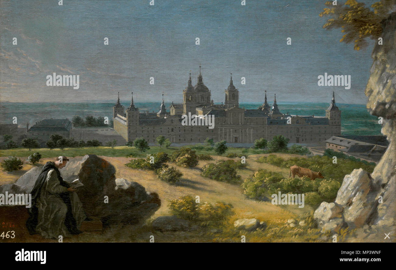 Blick auf das Kloster von El Escorial. Español: Vista General del Monasterio de El Escorial, situado en la Comunidad de Madrid (España). Die ESTA-Perspektive, que Guarda grandes Gleichnisse con la dibujada por Baldi cincuenta años Antes, dejó ser de Real cuando Carlos III mandó larguísima construir La Casa de Infantes levantada por Villanueva frente a la fachada Principal del Duque. Así quedó Roto para Siempre el Singular diálogo entre la Naturaleza circundante y La Fachada principal de El Escorial, expresivo eremítico de Carácter del Este cenobio construido En medio de un 'desierto'. Sólo Stockfoto