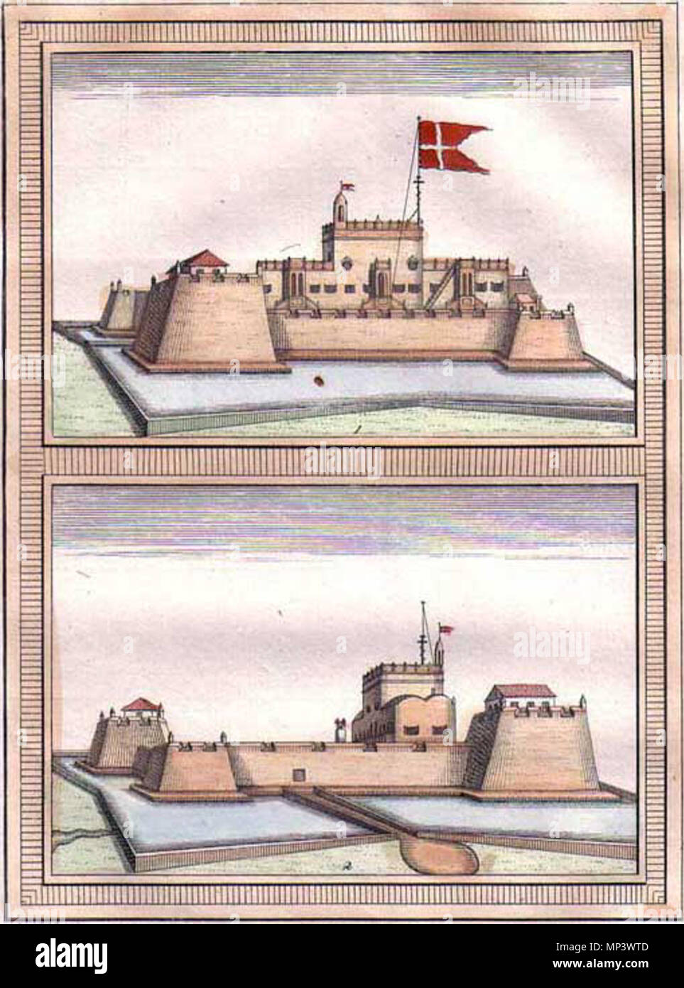 . Englisch: Blick auf das Fort von Tranquebar, oder "Dansburg", von Antoine François Prévost: Histoire générale des Voyages 15 Vol 1746 - 1759. 1753. Antoine François Prévost 1027 Prevost 1753 Stockfoto