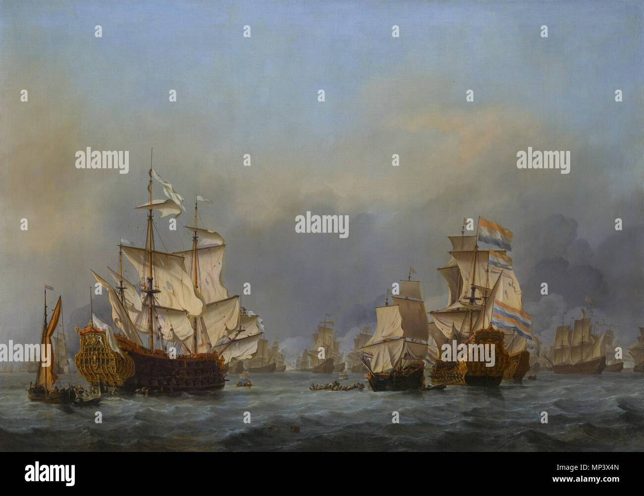 Die Herausgabe der Royal Prince während der vier Tage der Schlacht, 1.-4. Juni 1666* unterzeichnet (auf dem Zylinder b. c.): W/VV * Öl auf Leinwand * 75,5 x 106 cm Die Herausgabe der Royal Prince während der vier Tage der Schlacht, 1.-4. Juni 1666. Die Herausgabe der Royal Prince während der vier Tage der Schlacht, 1.-4. Juni 1666. ca. 1670. 1181 Die Herausgabe der Royal Prince während der vier Tage der Schlacht, von Willem van de Velde die Jüngere Stockfoto