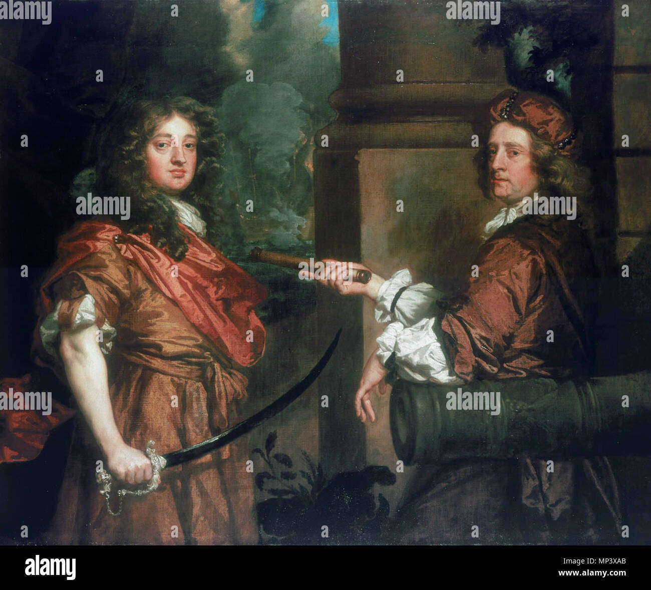 Frescheville Holles (1641-1672), und Robert Holmes (1622-1692) * Öl auf Leinwand * 132 x 162,5 cm * Ca. 1672 * bezeichnet: Sr. Rob. Sr. Frech. Pinx. OPL. Sir Frescheville Holles, 1641-72, und Sir Robert Holmes, 1622-92. ca. 1672. 1124 Sir Frescheville Holles 1641-72 und Sir Robert Holmes 1622-92 von Peter Lely Stockfoto