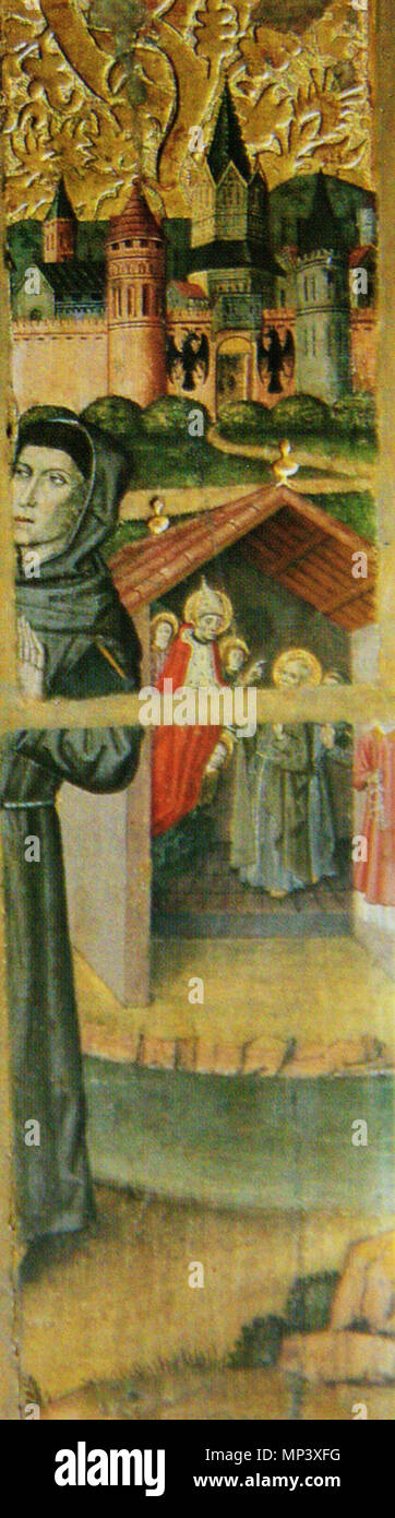 "Retaule de Sant Bernardí ich l'Àngel Custodi 'o' Retaule dels esparters'. Deutsch: Sant Pere Celestí?. Fragment de La Taula dreta de l'àtic del retaule. zwischen 1462 und 1475. 708 Jaume Huguet StBernardi Engel Custodi-Catedral BCN 0276 Stockfoto