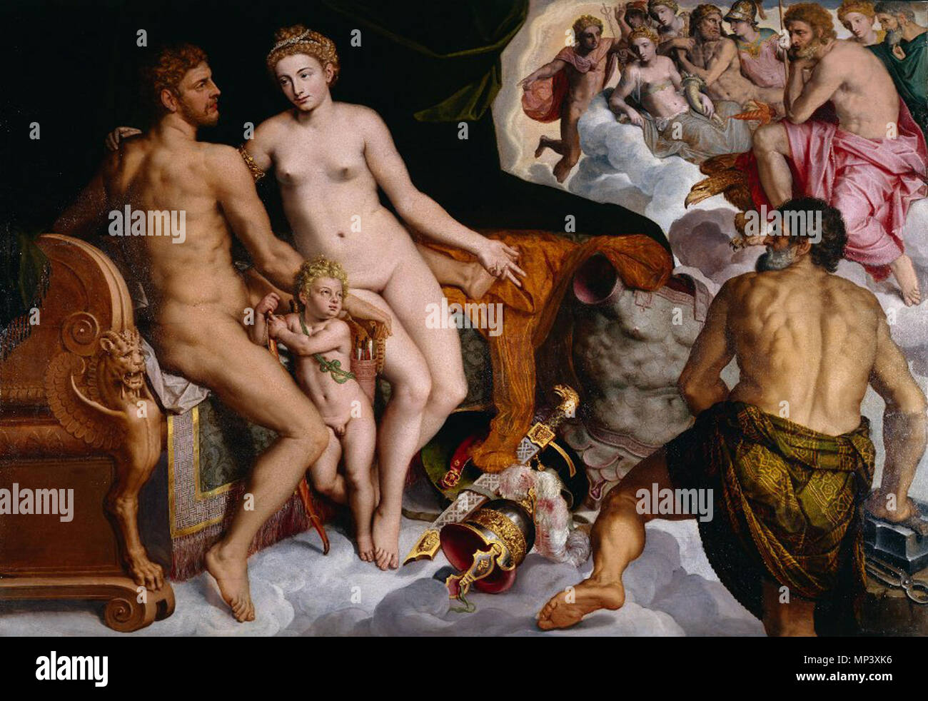 GG 40, Willem Schlüssel (um 1520-1568), Mars und Venus von Vulkan Publikum, Holz, 146 x 210 cm. Englisch: Marte y Venus sorprendidos por Vulcano, óleo sobre Tabla, 146 x 210 cm, Herzog Anton Ulrich-Museum Braunschweig, Inv.-Nr. GG 40. 16. Jahrhundert. Willem Schlüssel 1260 Willem key-Marte y Venus sorprendidos por Vulcano Stockfoto