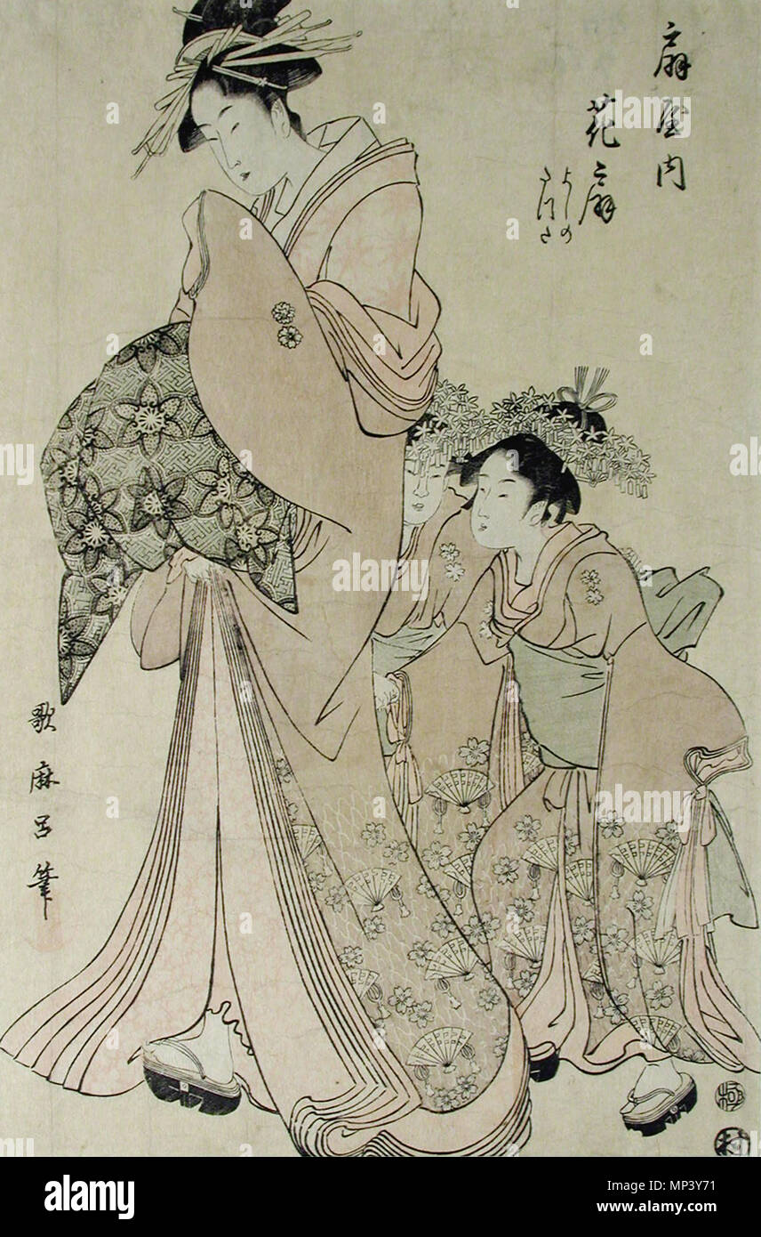 . Englisch: Beitritt Artikelnummer: 1957.119 Anzeige Artist: Kitagawa Utamaro Anzeige Titel: Die Kurtisane Hanaogi Flanieren mit ihren zwei jungen Begleitern Erstellungsdatum: 1794-1795 Medium: Holzschnitt Höhe: 15 in. Breite: 10 cm. Anzeige Abmessungen: 15 x 10 cm. (38,1 cm x 25,72 cm) Herausgeber: Murataya Jirobei Kreditlinie: Nachlass von Frau Cora Timken Burnett Label kopieren: 'Hanaogi (Flower Fan) war der Name der auf außergewöhnliche Kurtisanen Der gija, oder Haus des Lüfters gewährt, und der Ventilator Motif ist prominent auf dem Kimono. Der Künstler hat diese Hanaogi angesichts der langgestreckten Proportionen, die fashiona Stockfoto