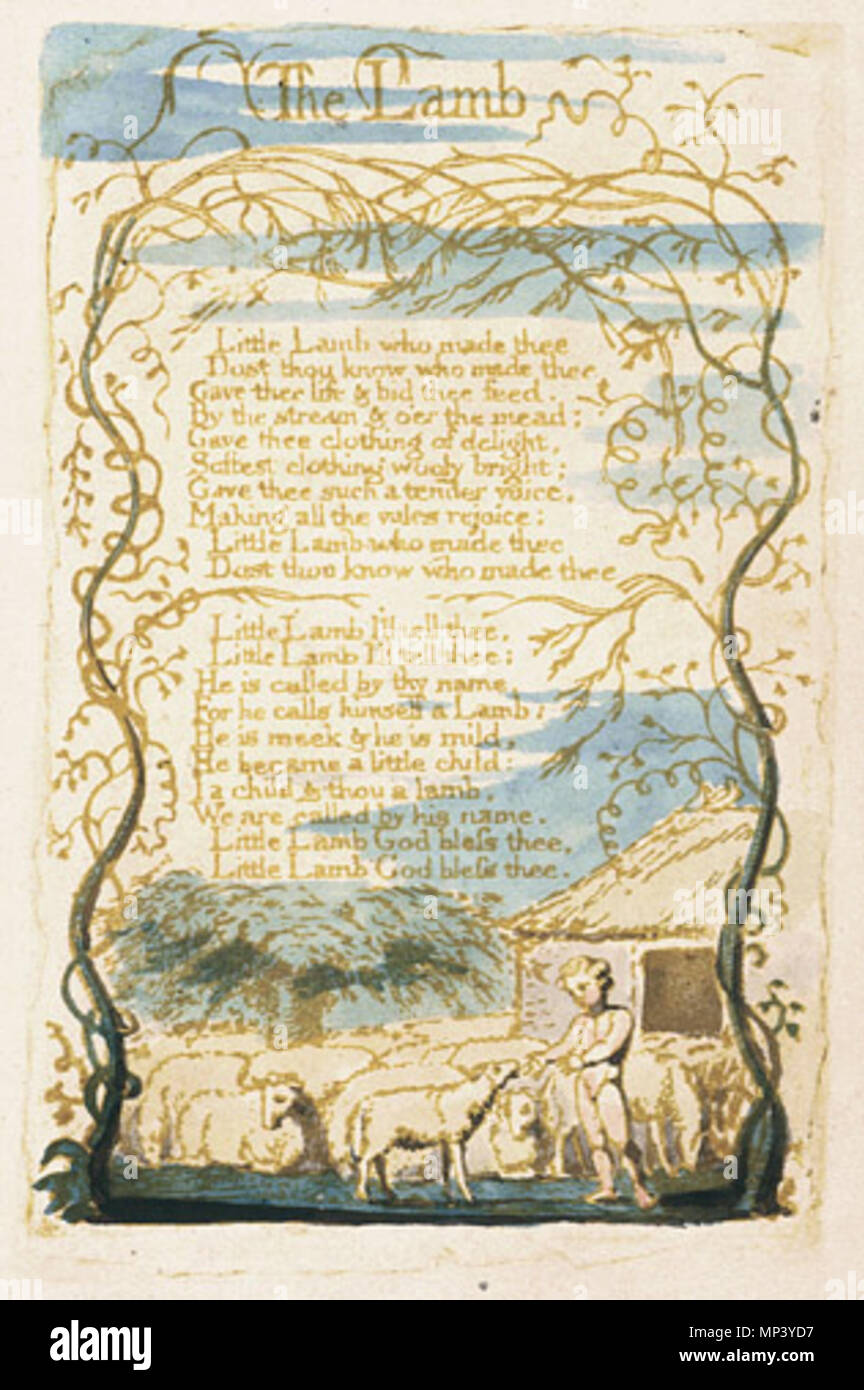 . Englisch: Lieder der Unschuld Kopie G Objekt 8 das Lamm. 1789. William Blake (1757 - 1827) Alternative Namen W. Blake; Uil" iam Bleik Beschreibung britische Maler, Dichter, Schriftsteller, Theologe, Sammler und Graveur Geburtsdatum / Tod 28. November 1757 12. August 1827 Ort der Geburt / Todes Broadwick Street Charing Cross Standort London Authority control: Q 41513 VIAF: 54144439 ISNI: 0000 0001 2096 135 X ULAN: 500012489 78095331 LCCN: n NLA: 35019221 WorldCat 1132 Lieder der Unschuld Kopie G Objekt 8 Das Lamm Stockfoto