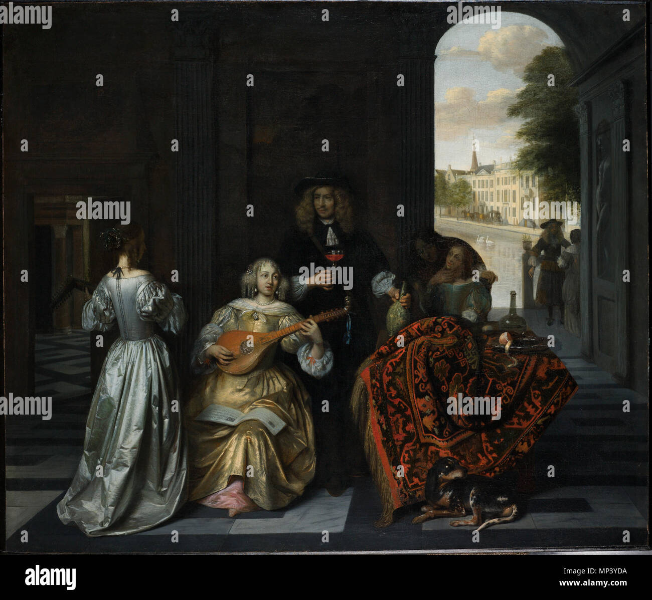 Musical Company in einer bemerkenswerten Innenraum dieses Objekt in RKDimages, Datenbank der Niederländischen Institut für Kunstgeschichte indiziert ist, ist unter der Nummer 248193. Čeština | Deutsch | Français | македонски | Nederlands | +/- ca. 1675. 992 Pieter de Hooch - Musical Company in einer bemerkenswerten Innenraum Stockfoto