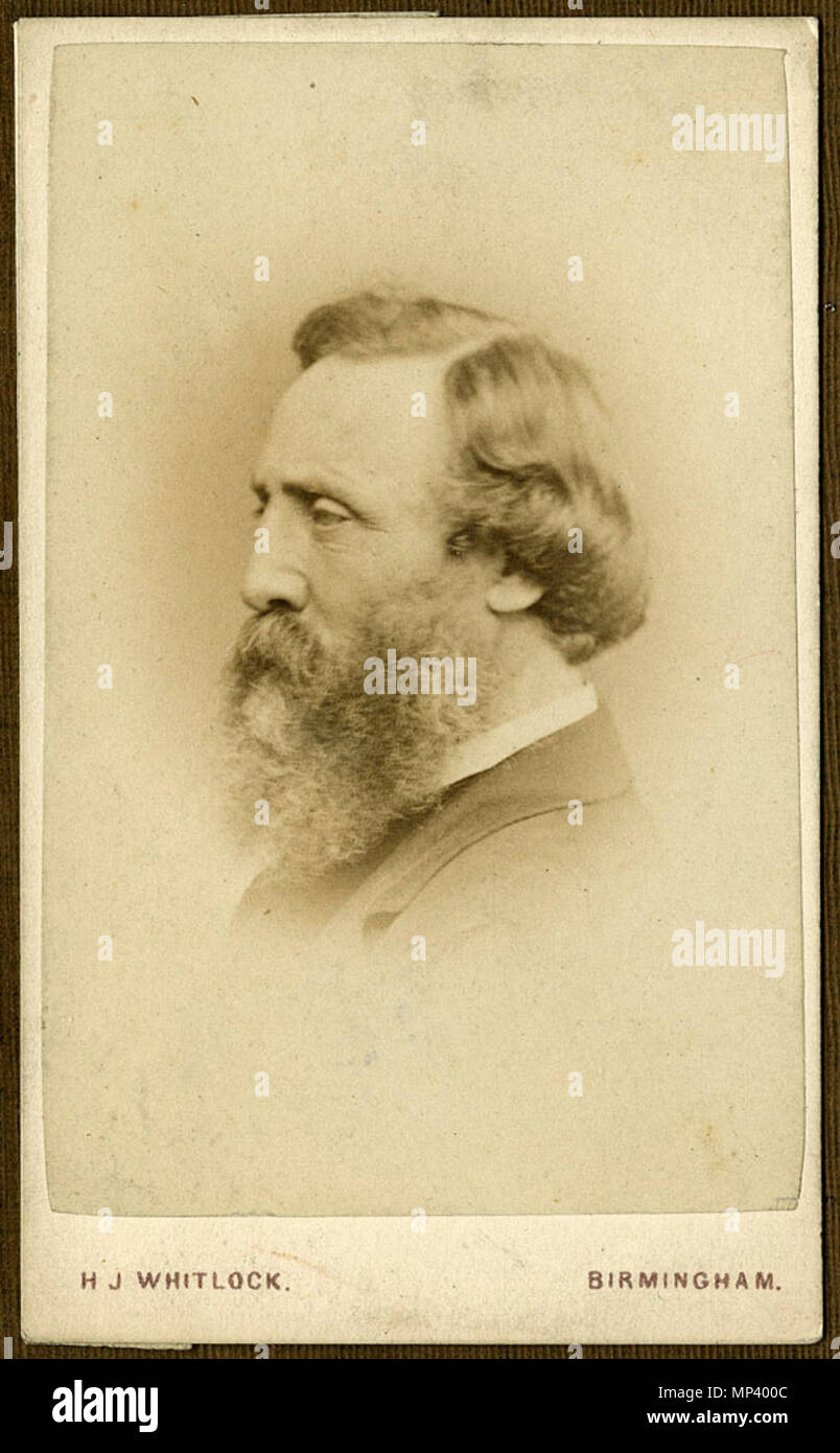 Carte de visite Portrait von Abraham Follett Osler, Pionier in der Messung von meteorologischen und chronologische Daten. Zu halten genaue lokale Zeit er eine astronomische Uhr außerhalb der Birmingham philosophische Institution in Canon Straße gebaut. Dies wurde schließlich durch Fernschreiber zu Greenwich Mean Time synchronisiert. Die Uhr auf der Birmingham und Midland Institut übertragen, nachdem die Schließung der BPI im Jahre 1852. Im Jahr 1883 spendete er Uhr und Glocken für 'Big Brum', der in der Glockenturm der neuen Kunst Galerie. Dies ersetzt ein kabelgebundenes Netzwerk von Uhren als wichtigste Zeit des Stadt-Stück. Auch er Manag Stockfoto