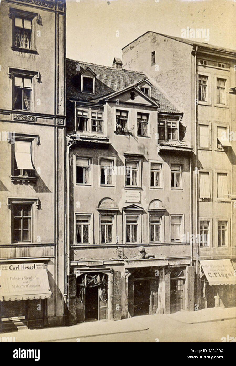 . Deutsch: LEIPZIG. • R. Wagner's Geburtshaus. • Illustr. U. VERLAG. • H. WALTER LEIPZIG. Geburtshaus Richard Wagners in Leipzig, Brühl 3, 1886 abgebrochen Englisch: Geburtshaus von Richard Wagner in Leipzig, Brühl 3, 1886 abgerissen. ca. 1885. Hermann Walter (1838 - 1909) 1248 Wagnerhaus Leipzig 1885 Stockfoto