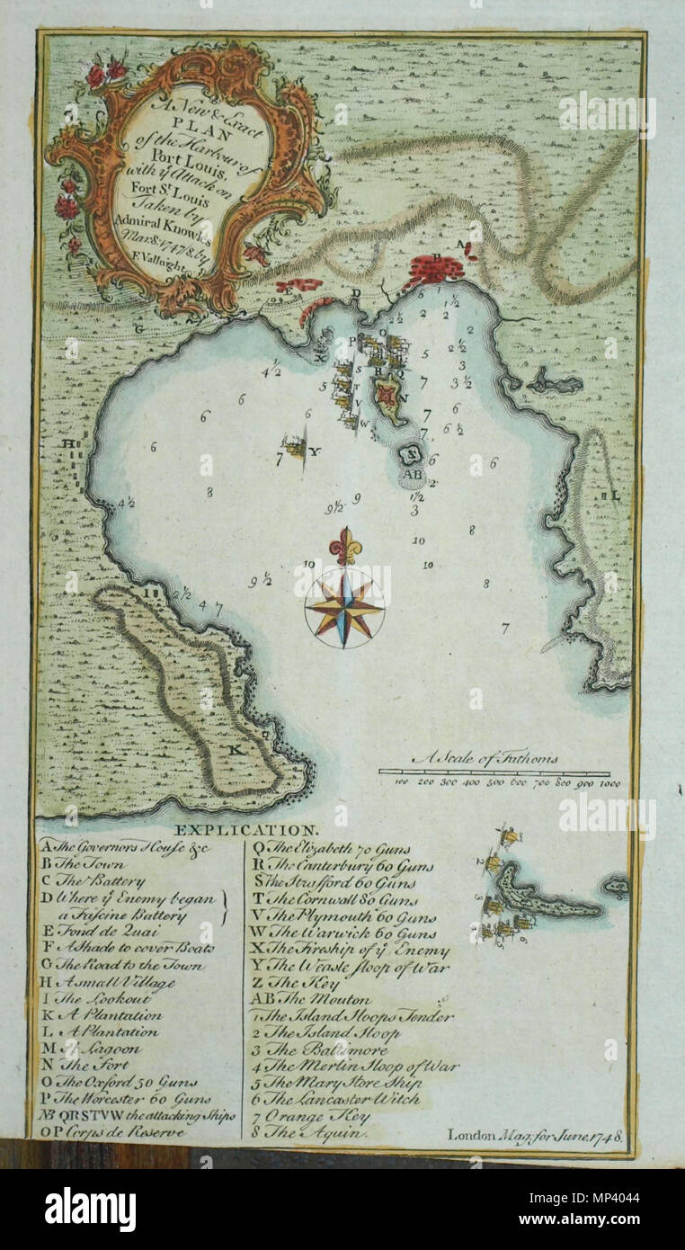 OLYMPUS DIGITALKAMERA. Englisch: Eine neue und genaue Plan der Häfen von Port Louis (1748) - zur Schlacht von Saint-Louis-du-Sud. In der französischen Kolonie Saint-Domingue (heute Haiti). . Vom 8. Oktober 2012, 16:06:38. F. Vallnight 1014 Port Louis, Knowles Stockfoto