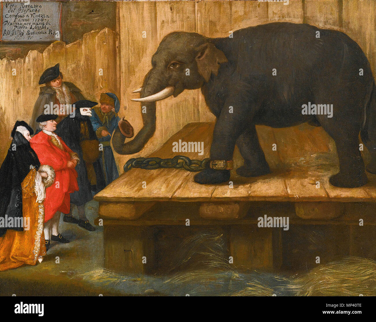 . Englisch: Pietro Longhi, Venedig 1701 - 1785, der Elefant, signiert, datiert und auf der Benachrichtigung eingeschrieben, oben links: Vero Ritratto/del Elefante/Condotto eine Vanezia/l'anno 1774. /Dipinzo pro mano di/Pietro Longhi,/Alle. Illinois mo Sig. r Sebastian Rizzo/Me (?) o Fs (?) o, Öl auf Leinwand, 47,5 von 61 cm. 22 November 2012, 17:03:04. Pietro Longhi (1701 - 1785) 996 PIETRO LONGHI VENEDIG 1701 - 1785 DER ELEFANT Stockfoto