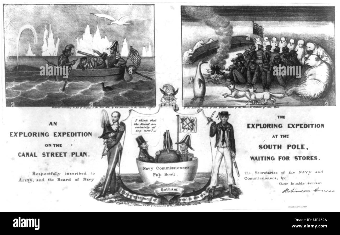 . Русский: Карикатура на экспедицию Уилкса. Englisch: Drucken persifliert Charles Wilkes' United States erforschen Expedition, die im August 1838 Links. Die obere linke Vignette zeigt Wilkes in einem Ruderboot mit Wissenschaftlern, die ein Versandverfahren oder ein Teleskop mit Fauna zu sehen. Die rechte obere Vignette zeigt Wilkes, mit Segler gepresst, von Eisbären und Pinguine umgeben, deren Ruderboot versenken. Die untere mittlere Vignette zeigt Marine Kommissare Isaac Chauncey, Charles Morris, und Alexander S. Wadsworth auf See, von James K. Pauling, Sekretär der Marine und eine traurige Seemann flankiert. 1838. Unbekannt. Gedruckt von Ro Stockfoto