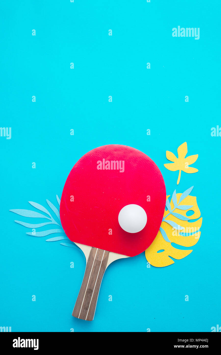 Ping pong Strand, Flip Flops, Sonnenbrillen und tropische Blätter. Sommer Sport und Freizeit flach auf einem blauen Hintergrund mit kopieren. Stockfoto