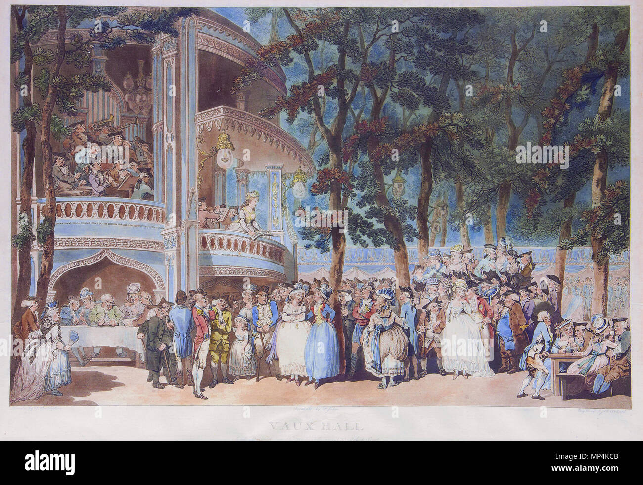 Opel * handkoloriert Radierung mit Aquatinta, auf festgelegt * 47,5 x 74,5 mm * 1785 Vauxhall 1226 Vaux Hall, von Thomas Rowlandson-2 Stockfoto