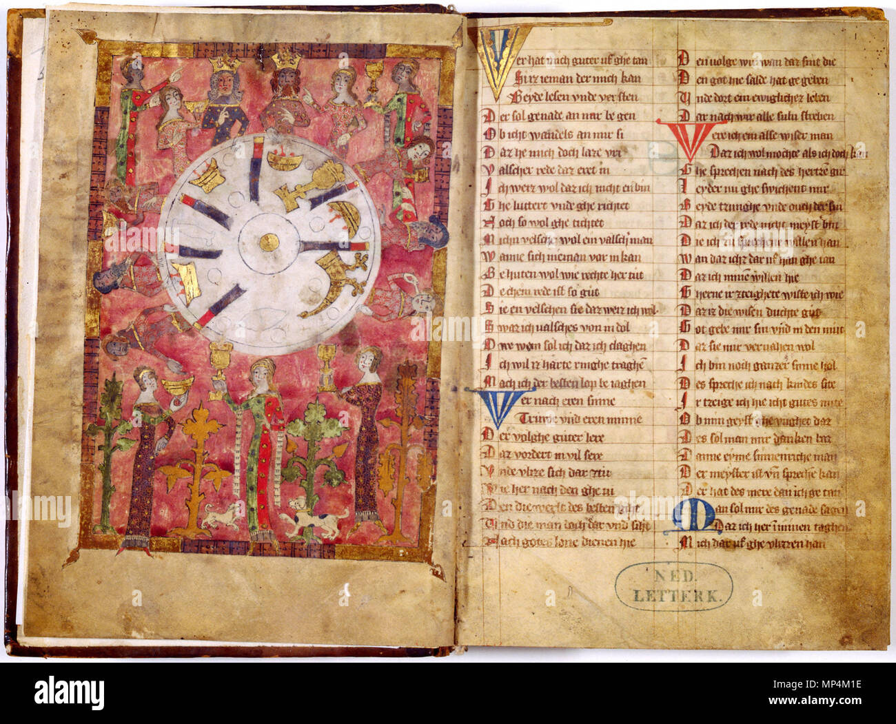 . English: wigalois (zwischen 1210 und 1220) des wirnt von Grafenberg, ein artusroman. Auszug aus der Handschrift B (Leiden, 1337), gescannt von der Universität Leiden Bibliothek Englisch: von wigalois Wirnt von Grafenberg; Handschrift von 1337 an der Universität Leiden Bibliothek gescannt. 1337. Wirnt von Grafenberg 1258 Wigalois-Leiden-f 001v-001r Stockfoto