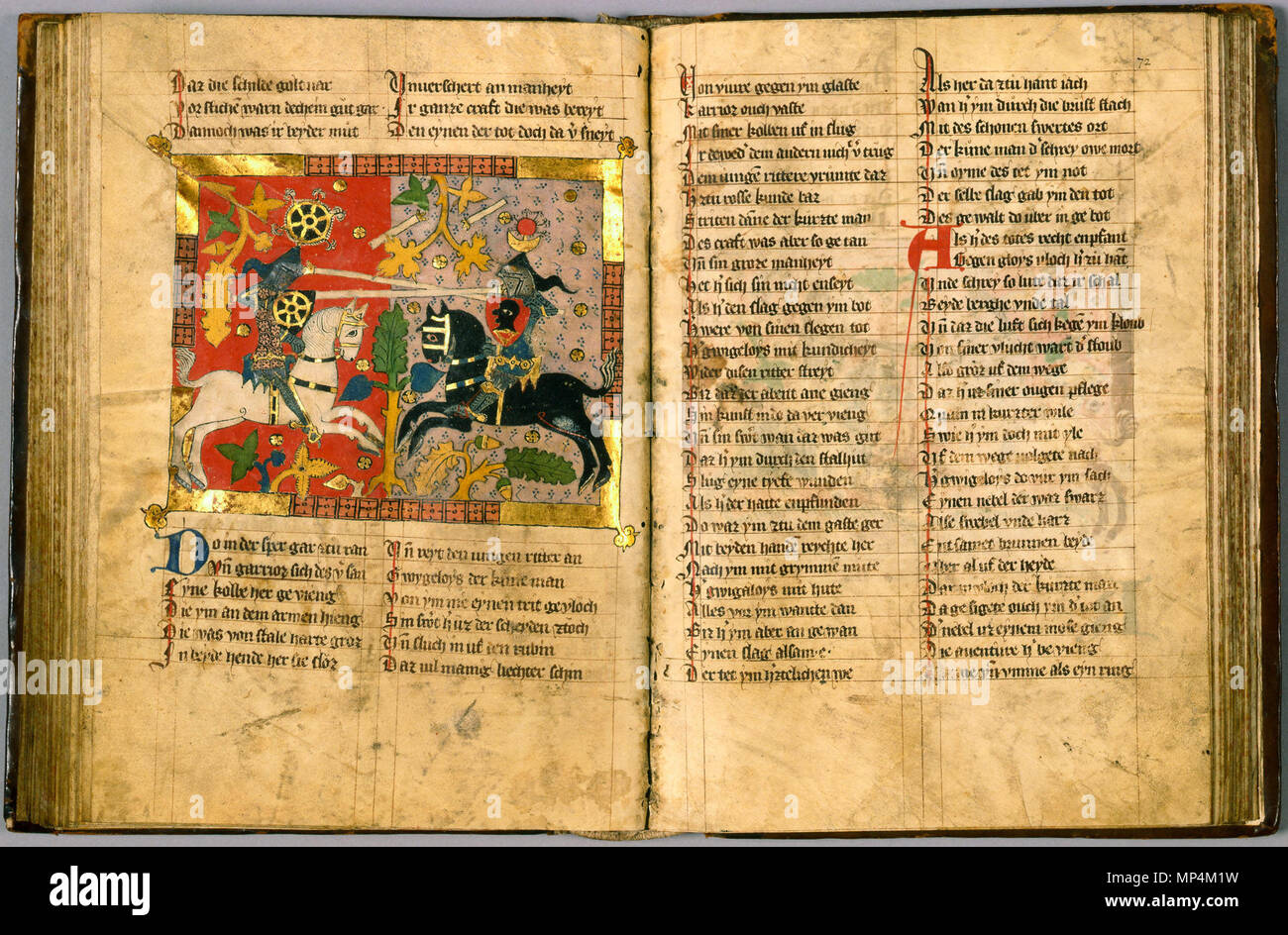 . English: wigalois (zwischen 1210 und 1220) des wirnt von Grafenberg, ein artusroman. Auszug aus der Handschrift B (Leiden, 1337), gescannt von der Universität Leiden Bibliothek Englisch: von wigalois Wirnt von Grafenberg; Handschrift von 1337 an der Universität Leiden Bibliothek gescannt. 1337. Wirnt von Grafenberg 1258 Wigalois-Leiden-f 071 v-072r Stockfoto