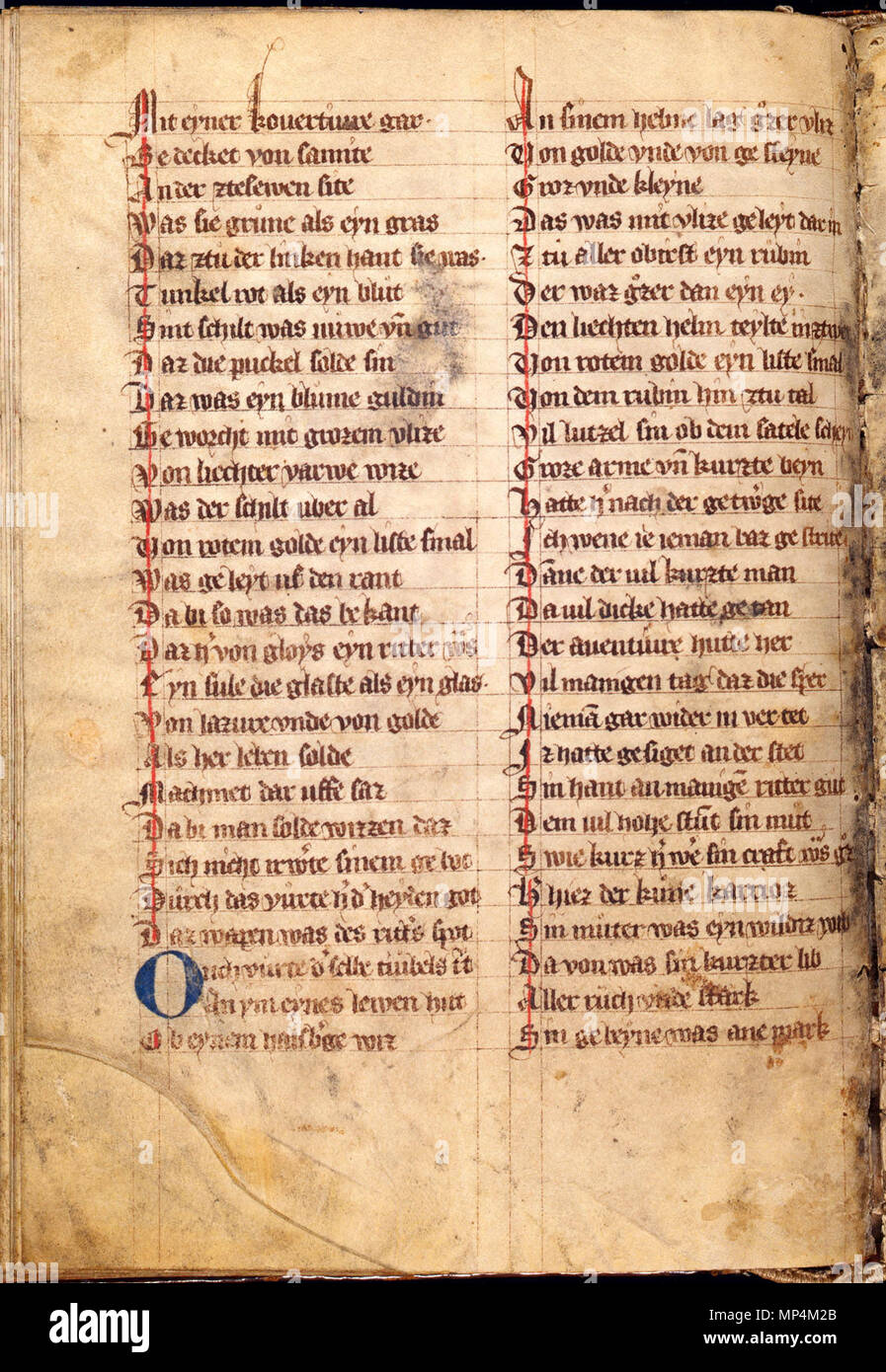 . English: wigalois (zwischen 1210 und 1220) des wirnt von Grafenberg, ein artusroman. Auszug aus der Handschrift B (Leiden, 1337), gescannt von der Universität Leiden Bibliothek Englisch: von wigalois Wirnt von Grafenberg; Handschrift von 1337 an der Universität Leiden Bibliothek gescannt. 1337. Wirnt von Grafenberg 1258 Wigalois-Leiden-f070v Stockfoto