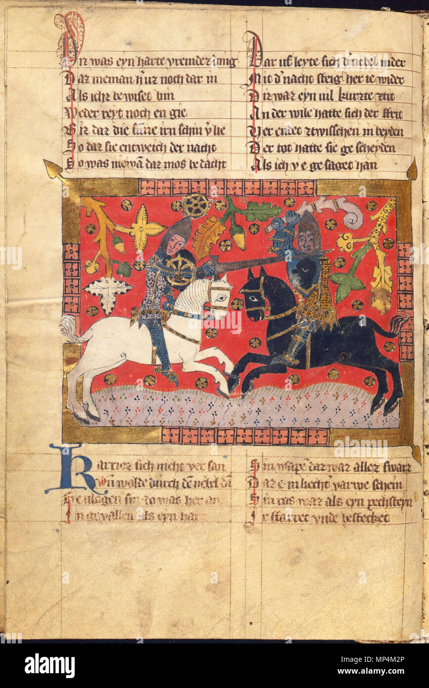 . English: wigalois (zwischen 1210 und 1220) des wirnt von Grafenberg, ein artusroman. Auszug aus der Handschrift B (Leiden, 1337), gescannt von der Universität Leiden Bibliothek Englisch: von wigalois Wirnt von Grafenberg; Handschrift von 1337 an der Universität Leiden Bibliothek gescannt. 1337. Wirnt von Grafenberg 1258 Wigalois-Leiden-f 072 v Stockfoto