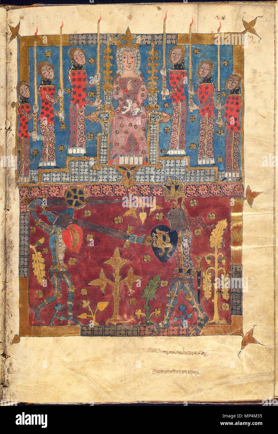 . English: wigalois (zwischen 1210 und 1220) des wirnt von Grafenberg, ein artusroman. Auszug aus der Handschrift B (Leiden, 1337), gescannt von der Universität Leiden Bibliothek Englisch: von wigalois Wirnt von Grafenberg; Handschrift von 1337 an der Universität Leiden Bibliothek gescannt. 1337. Wirnt von Grafenberg 1258 Wigalois-Leiden-f 079 r Stockfoto