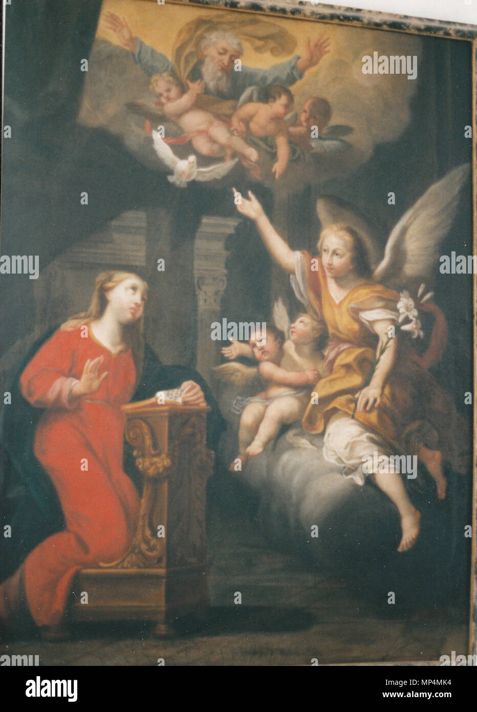 . English: Kreuzgang im Kloster Ottobeuren - ein Engel verkündigt Maria die Geburt Jesu (Lk 1,26-38) (1722). 10. Juli 1999. Joseph Ruffini (1690-1749); durch die hermetiker 769 Kloster Ottobeuren - Kreuzgangbilder NT 07 fotografiert. Stockfoto