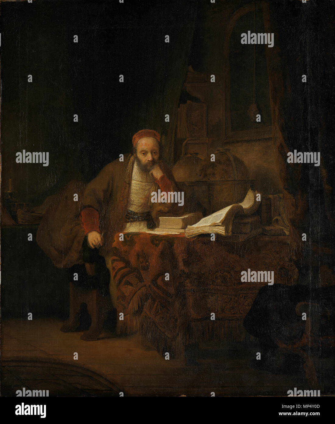 Englisch: ein Gelehrter in seiner Studie. Dieses Objekt ist in RKDimages, Datenbank der Niederländischen Institut für Kunstgeschichte indiziert, unter der Referenznummer 208260. Čeština | Deutsch | Français | македонски | Nederlands | +/-. 1640er. 1048 Rembrandt - ein Gelehrter in seiner Studie - NG.M. 01365 Stockfoto