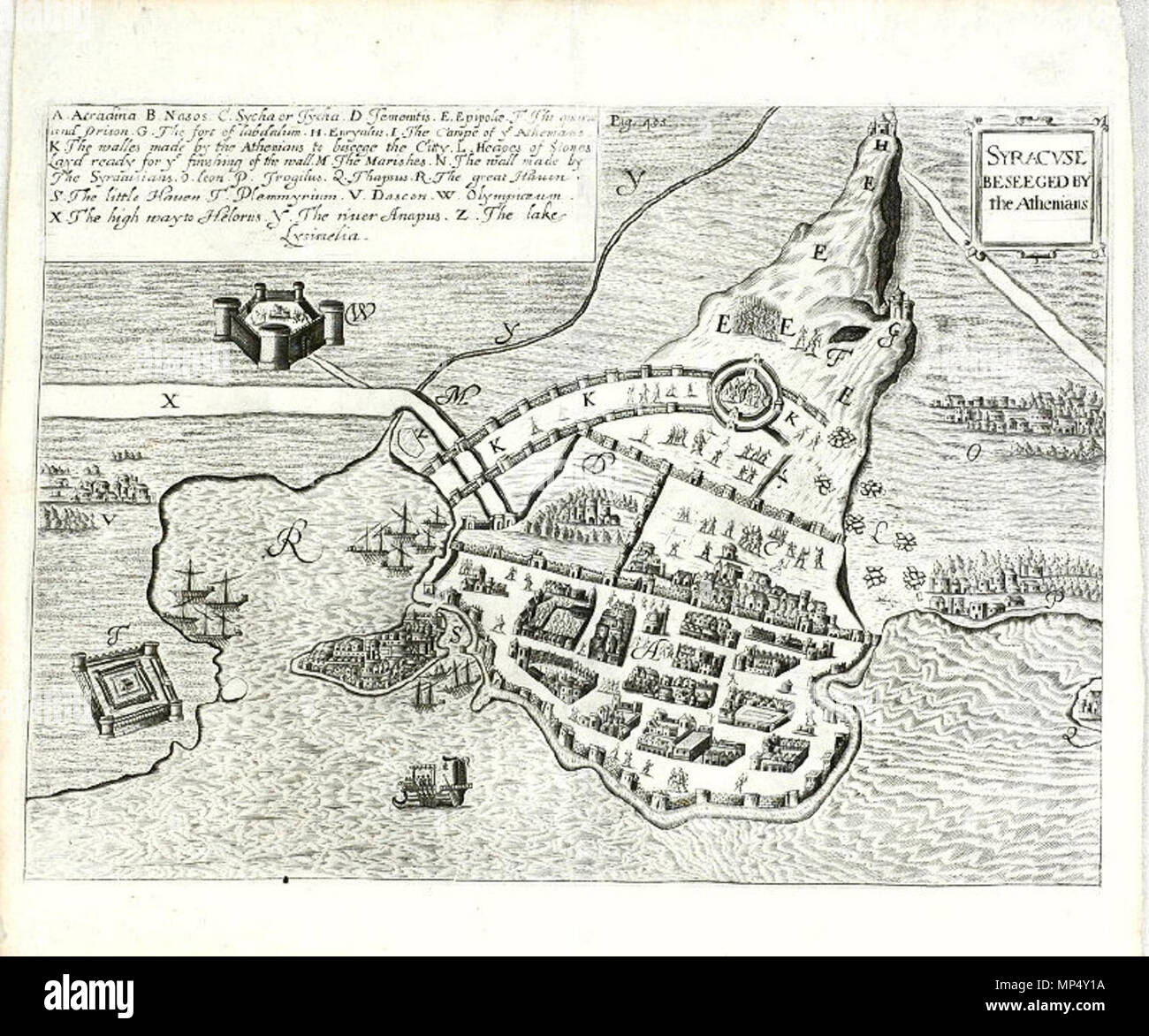 . Englisch: Antike Karte von der Belagerung von Syrakus durch die Athener, Sizilien für "gedruckte Acht Bookes des Peloponnesischen Warre' von Thukydides (417-400? Chr.). London, 1648. Thomas Hobbes 1155 Syrakus beseegned durch die Athener Stockfoto