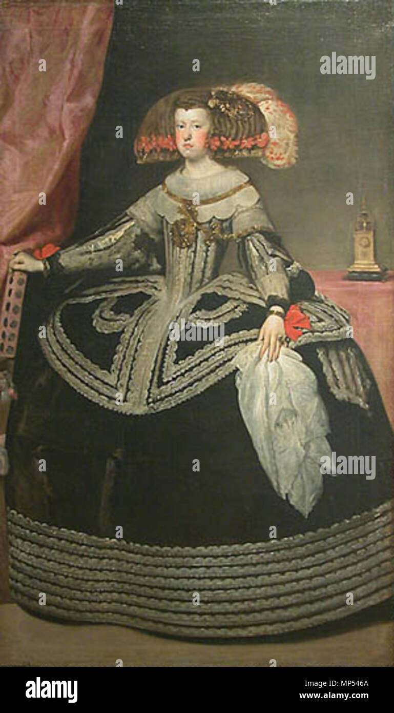 Velázquez (grösser): Retrato de la Reina Mariana de Österreich. París, Louvre. Procedente del Prado y regalado por Franco ein Petain en 1941, ein cambio de la restitución de La Dama de Elche, Cuando se creía que esta Copia era El retrato Original de Velázquez y keine El conservado actualmente en el Museo Nacional del Prado. 1057 Retrato de la Reina doña Mariana de Österreich, von Studio von Diego Velázquez Stockfoto