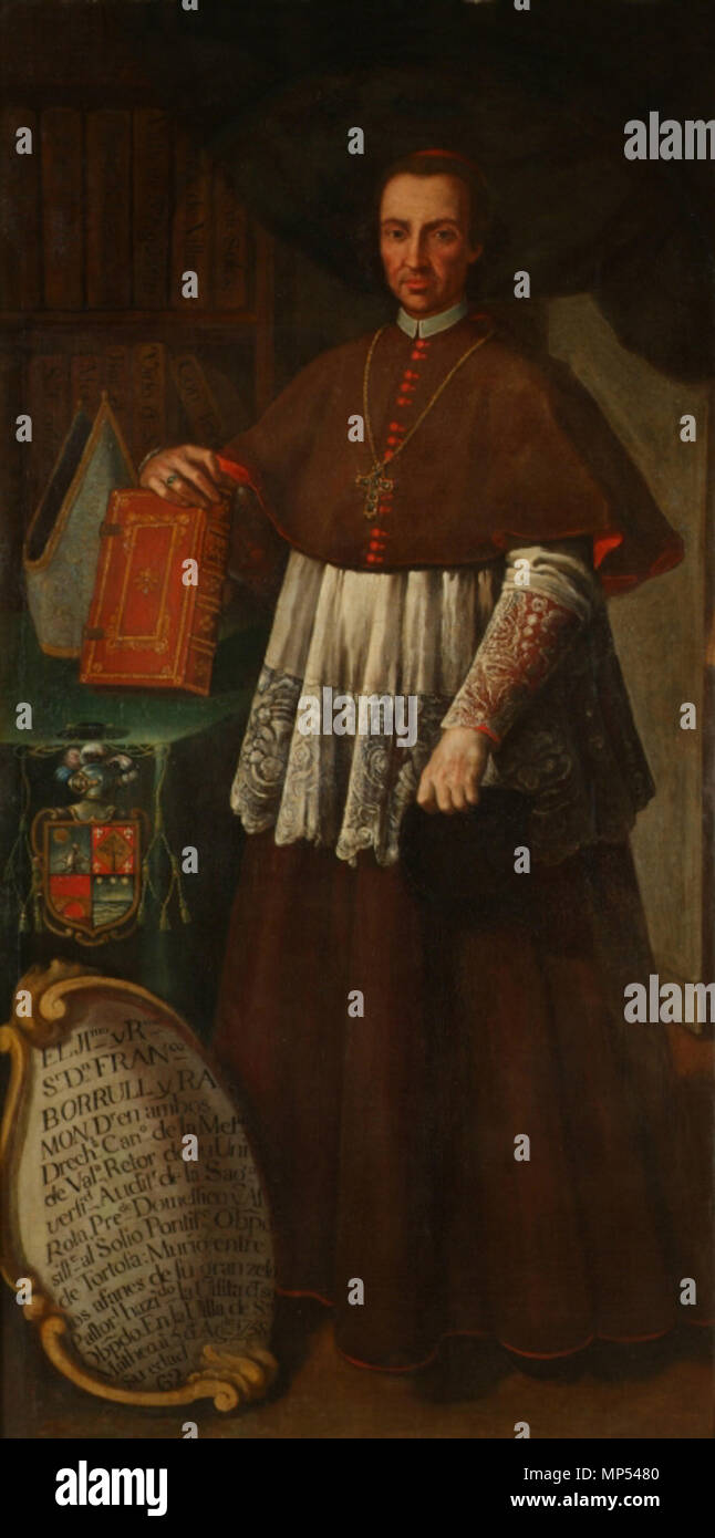 Francesc Borrull ich Ramon. Español: Retrato del eclesiástico español Francesc Borrull ich Ramon (1695-1758), Que fue Obispo de Tortosa. Deutsch: Retrat de Francesc Borrul ich Ramon (1695-1758), bisbe de Tortosa. Eine atribuït Josep Vergara (1726-1799) Es Conserva al paranimf de La Nau (Universitat de València). . Zweiten Hälfte des 18. Jahrhunderts. 740 Josep Vergara, Retrat de Francesc Borrull ich Ramon, 1750-1799. Paranimf. Stockfoto